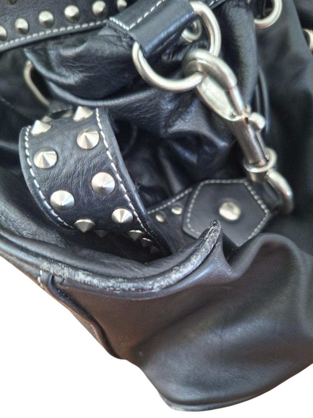 Vtg Betsey Johnson Black Leather Studded Kiss Lock Hobo Bucket Bag Y2K Rare - Picture 13 of 16